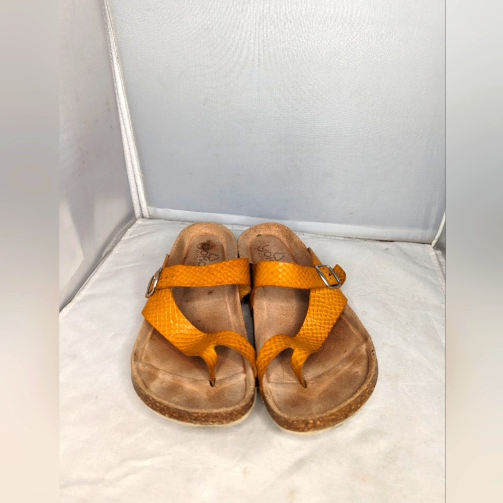Yokono Sandals Womens Leather Size 9 Cork Toe Strap Snake Print Mustard Adjustab